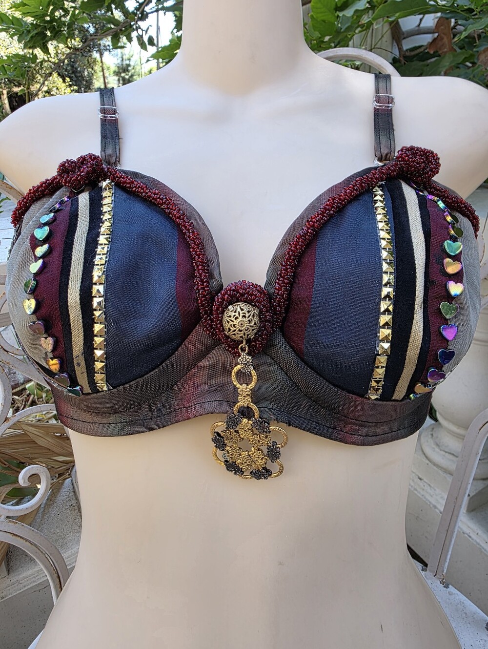 Women's vintage Embellished Burgundy & Black Festival Bra - Picture 5 of 5
